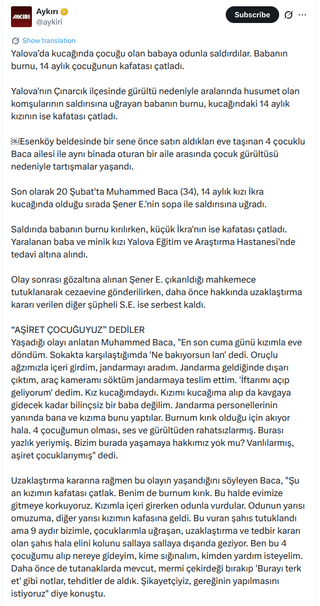 In Yalova's Çınarcık district, the father's nose was cracked and the skull of his 14-month-old daughter on his lap was cracked, as he was attacked by his neighbors who had a feud with each other due to noise.