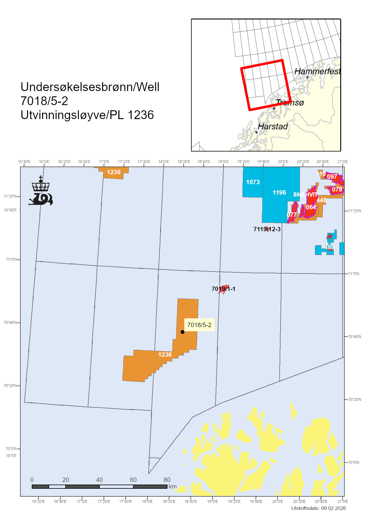 Map showing the location of well 7018/5-2.
