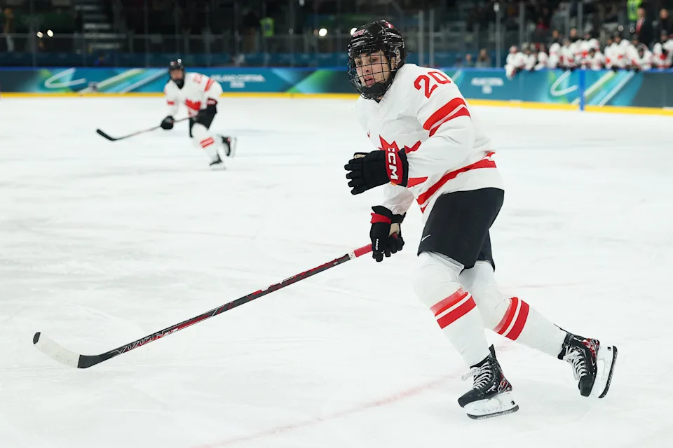 MILAN, ITALY - FEBRUARY 12: Sarah Nurse #20 of Team Canada skates 1p during the Women's Preliminary Group A match between Finland and Canada on day six of the Milano Cortina 2026 Winter Olympic games at Milano Rho Ice Hockey Arena on February 12, 2026 in Milan, Italy. (Photo by Sarah Stier/Getty Images)