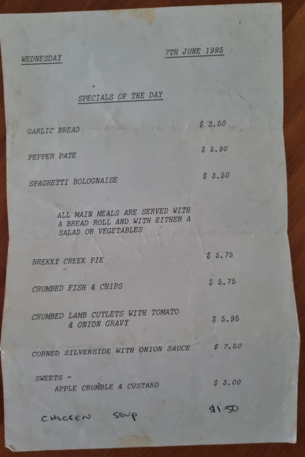 The crap you find decluttering - menu from Brekky Creek Hotel in 1993