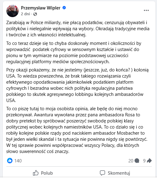Przemysław Wipler [Konfederacja] speaks with the voice of Together and wants to tax large American corporations