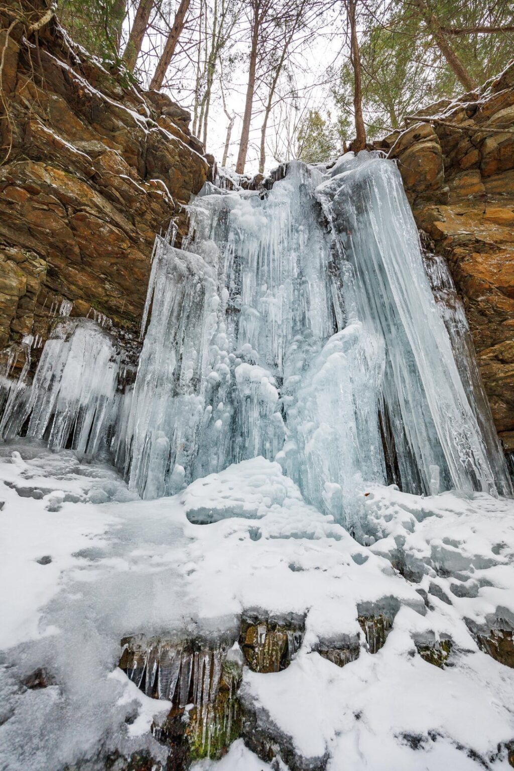 An offtrail hike to Talus caves and a frozen falls. Northeast Pennsylvania, USA,