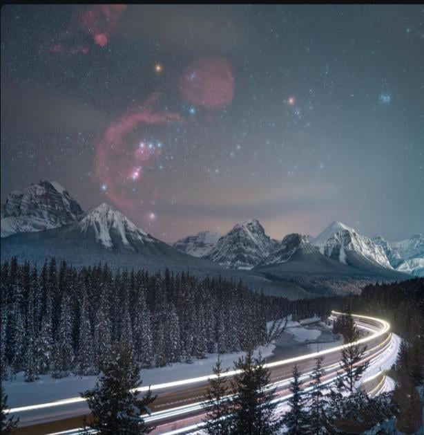Orion setting over the mountains near Lake Louise, Alberta, Canada.