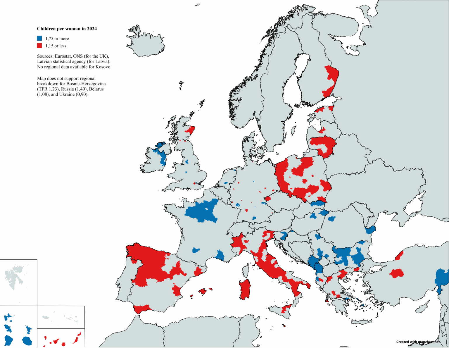European regions with the lowest and highest birth rates (Eurostat 2024)