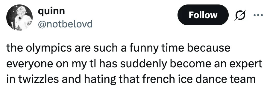 Tweet about how everyone becomes an expert in ice dancing during the Olympics