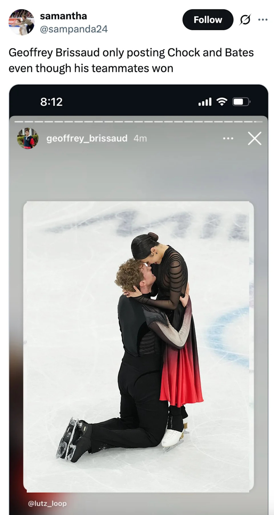 Skaters embrace on an ice rink marked "Milano," with Olympic rings visible beneath them