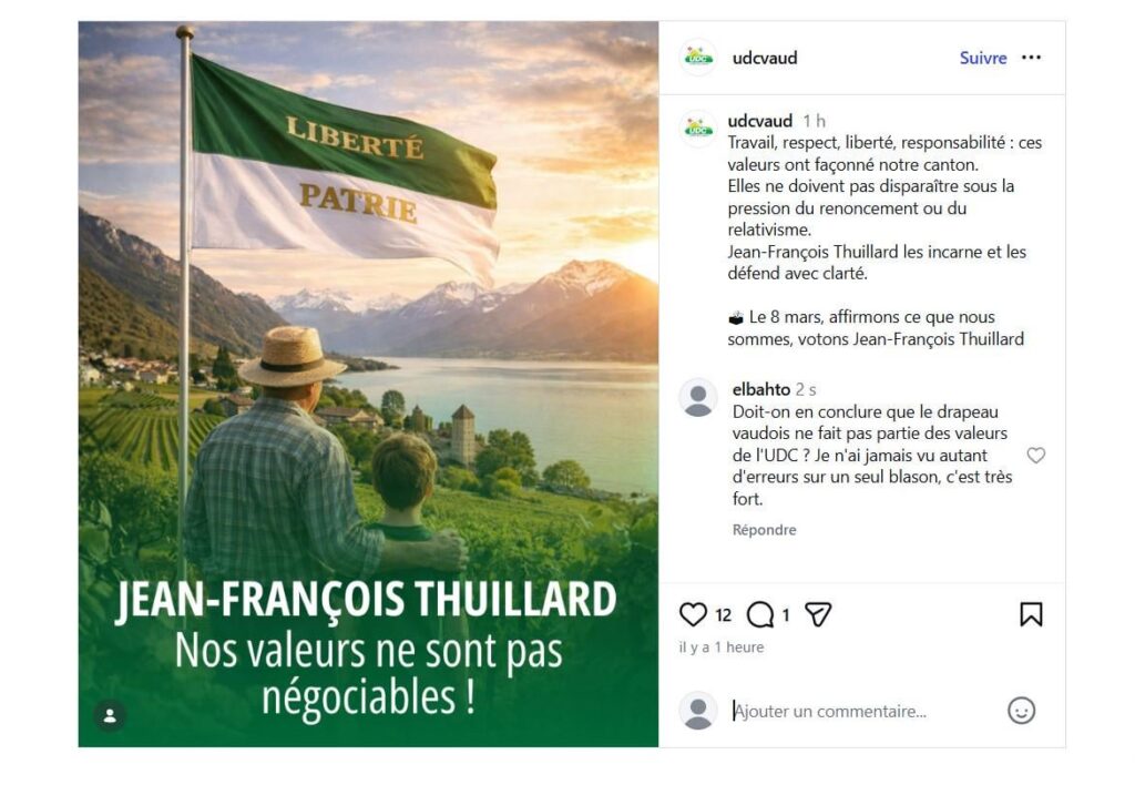 On Instagram UDC vaud says their "values are non-negotiable" while posting a flag from canton de Vaud with at least 4 mistakes (the most blatant ones being the switching of colors and the modification of the motto)