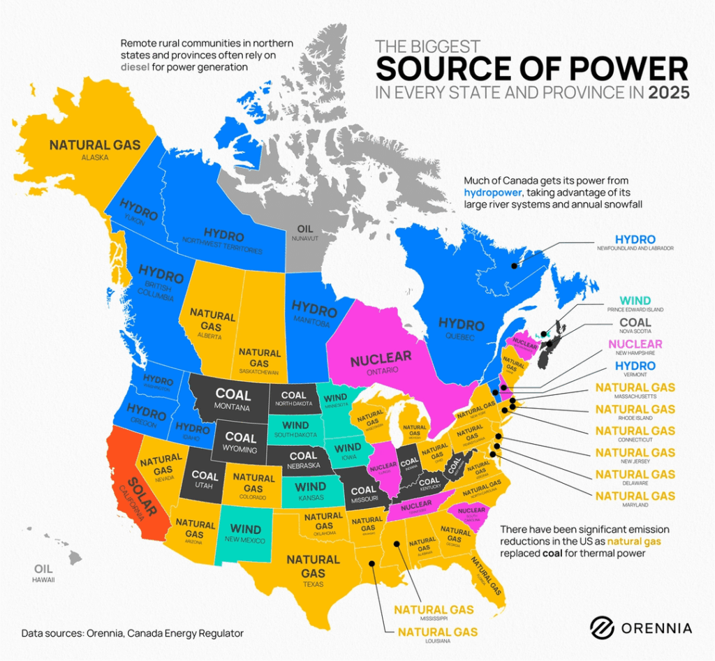 The Largest Source of Power in Every U.S. State and Canadian Province in 2025 [OC]