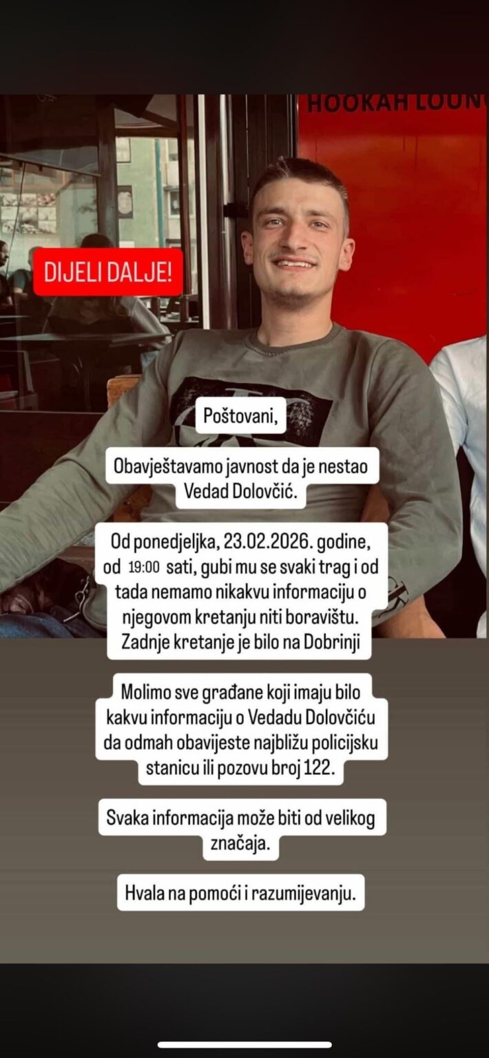 Missing Vedad Dolovčić in Sarajevo (Dobrinja), February 23, 2026. around 19:00 – information please