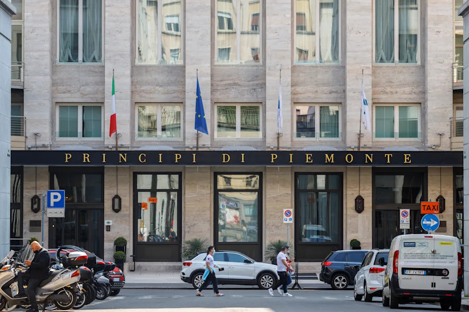 Turin, Italy - April 23, 2021: Facade ok a famous luxury hotel in the old town.