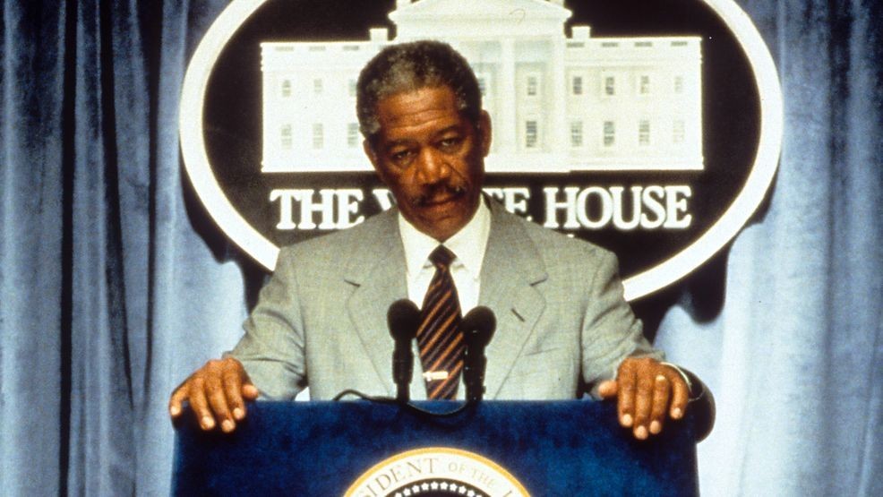 Morgan Freeman giving a speech at The White House in a scene from the film 'Deep Impact', 1998. (Photo by Paramount Pictures/Getty Images)
