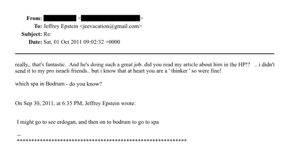 Jeffrey Epstein Files - Epstein Said He Could Go to Bodrum to See Erdogan and Then for the Spa