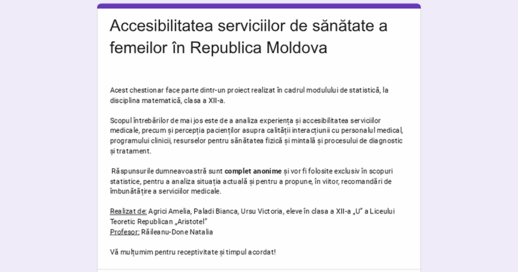 Questionnaire about the accessibility of medical services for women in the Republic of Moldova. Questionnaire about the accessibility of medical services for women in the Republic of Moldova.