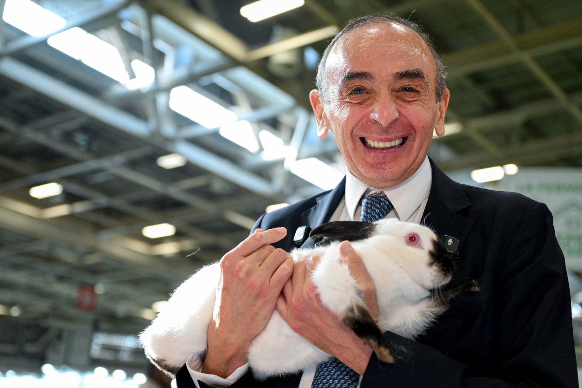 Eric Zemmour holding a large rabbit and grinning widely. the effect is terrifying