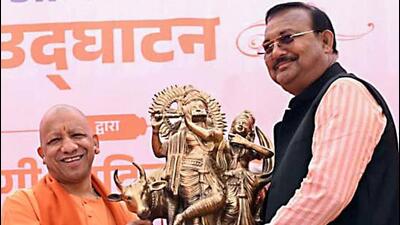 Chief minister Yogi Adityanath being felicitated at an event in Gorakhpur on Saturday. (ANI PHOTO)