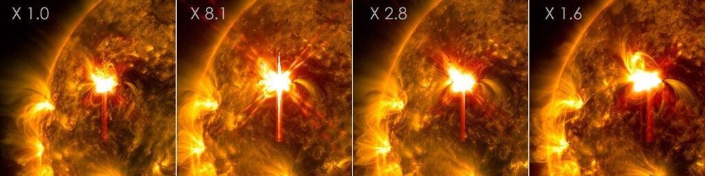 Four side by side images of the upper left area of the Sun. The images are golden against a black background. They are labeled X1.0, X8.1, X2.8, and X1.6 from left to right. In each image, there is a bright white flash in the upper area, in the same spot on each image.