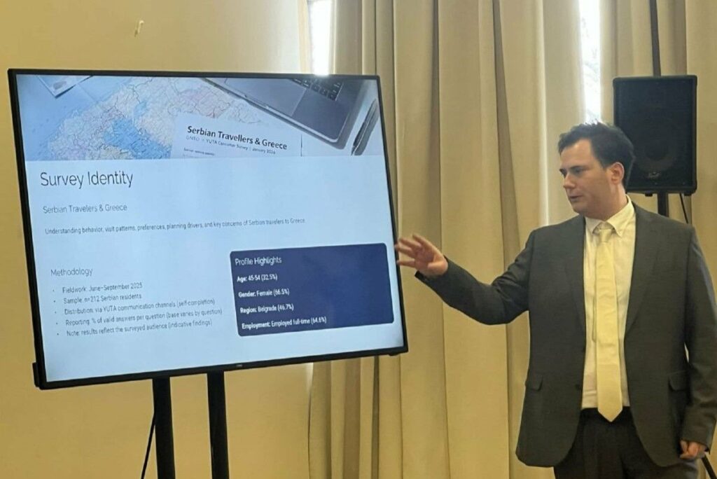 Head of the GNTO Serbia Office George Kakoutis presents the study’s findings during the event.