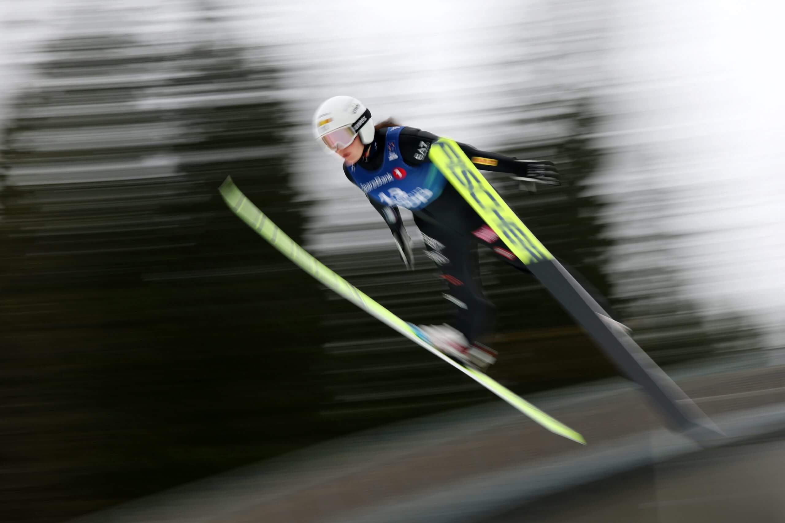 Italy's Daniela Dejori flies through the air during a ski jump.