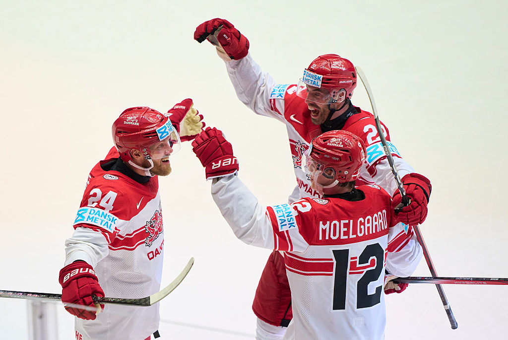 HERNING, DENMARK - MAY 20: Nikolaj Ehlers of Denmark celebrate his 1-1 goal during the 2025 Ice Hockey World Championship match between Germany and Denmark at Jyske Bank Arena on May 20, 2025 in Herning, Denmark. (Photo by EyesWideOpen/Getty Images)