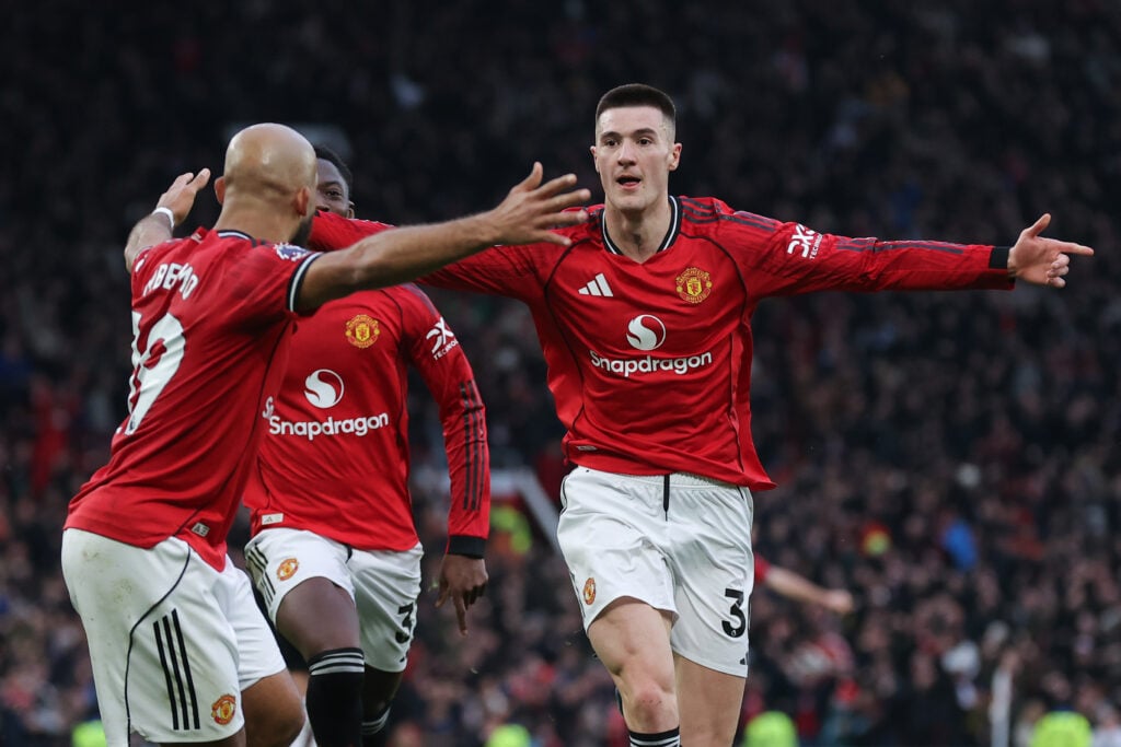 Benjamin Sesko celebrates after scoring during the Premier League match between Manchester United and Fulham at Old Trafford in 2026 in Manchester, England.