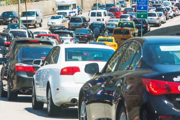 cars lined up in bumper-to-bumper traffic