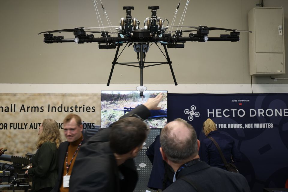 A hexacopter combat drone on display at a security trade fair in Nuremberg, Germany, this week. Photo: Getty