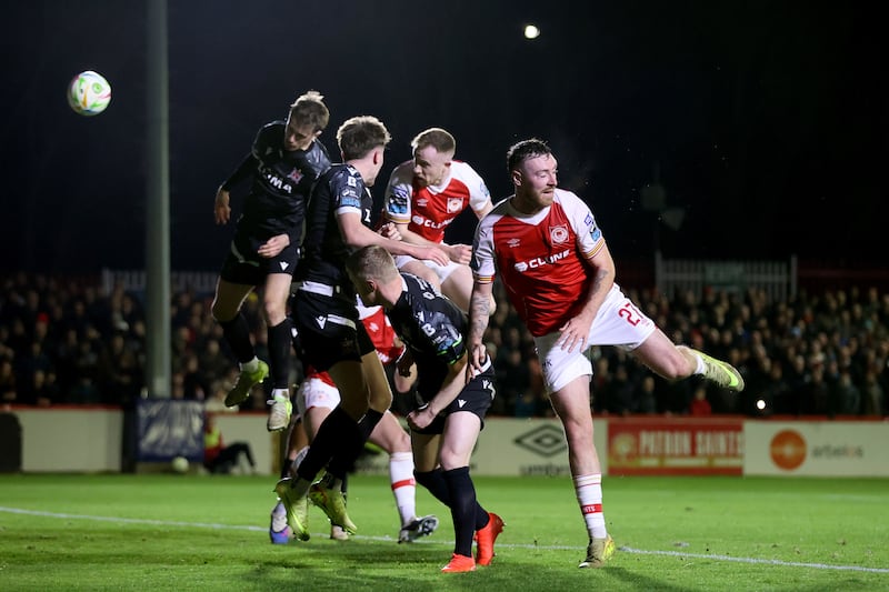 Seán Hoare directs the ball into the net for St Patrick's Athletic's second goal against Dundalk on Friday. Photograph: Bryan Keane/Inpho