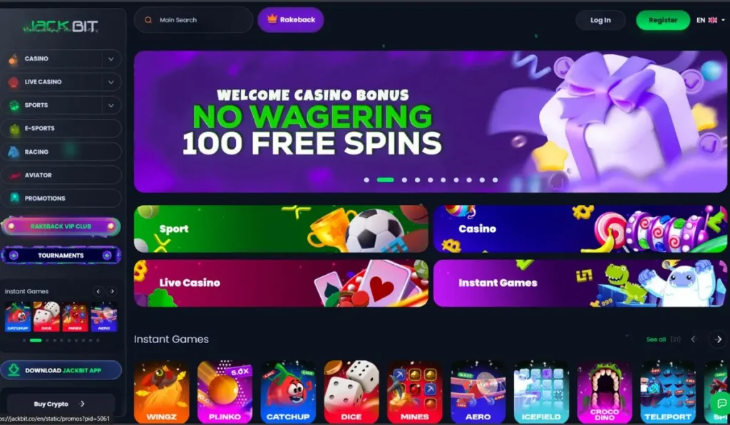 JackBit Casino homepage featuring high RTP games and instant crypto payouts