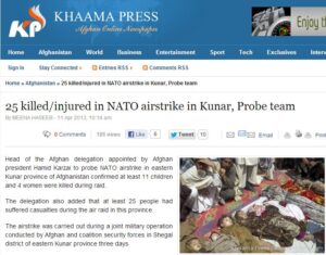 Partial screen-grab of the Khaama Press article confirming eleven children were killed in the April 6 NATO air strike in Kunar province. Various reports of the strike include this image as well as other photos taken from slightly different angles of the same group of victims.