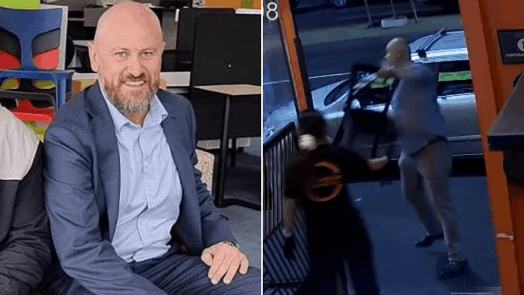 Furniture executive out of a job after video catches him throwing a chair at a friend outside Melbourne strip club