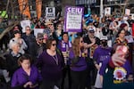 SEIU Local 503 members cheer at the "Labor Against ICE" protest in Portland on Saturday, Jan. 31, 2026.