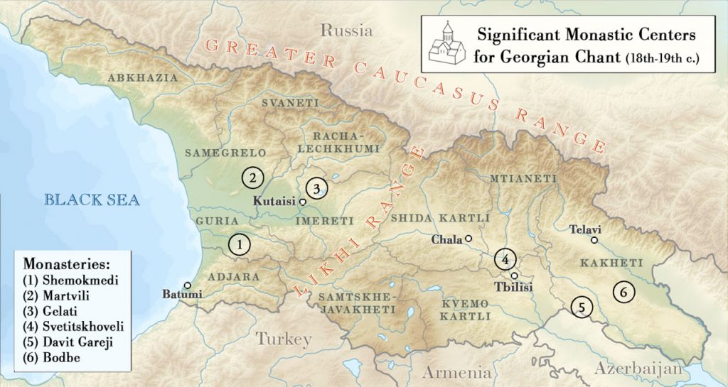A map of the republic of Georgia showing monastic centers. These are marked from west to east as 1. Shemokmedi 2. Martvili 3. Gelati 4. Svetitskhoveli (near Tbilisi) 5. Davit Gareji 6. Bodbe