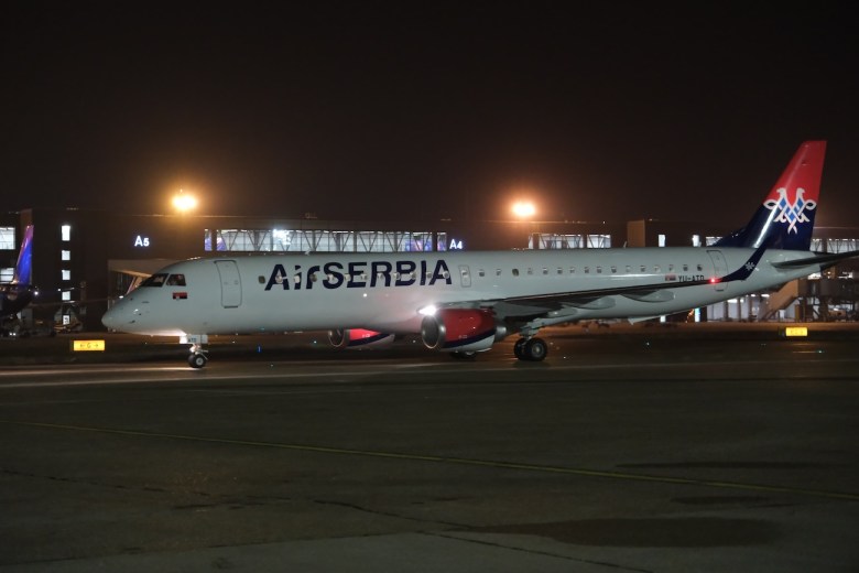An Embraer E195 aircraft, registered YU-ATD, arrives in Belgrade after joining Air Serbia’s fleet. The 118-seat jet will operate on European routes.