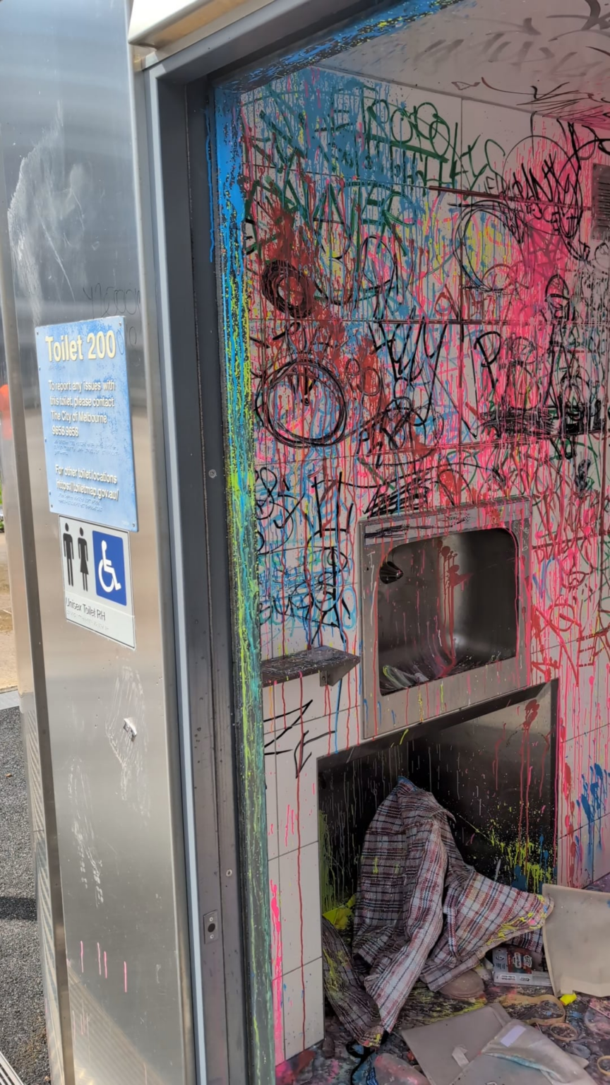 Insanely vandalized Docklands Pier Public Toilets