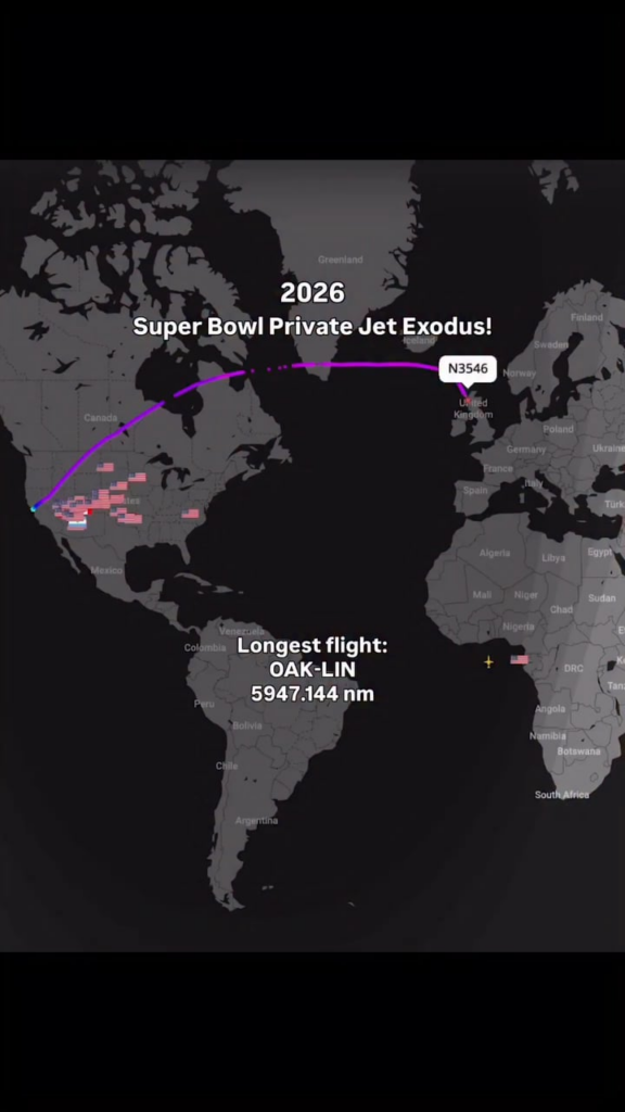 Private jet flights leaving the 2026 Super Bowl (from flightradar24)