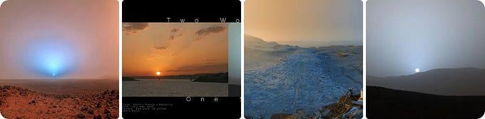 Captured by NASA’s Curiosity rover in Gale Crater in 2019, this Martian sunset looks blue because fine atmospheric dust scatters red light while allowing blue wavelengths to pass through.