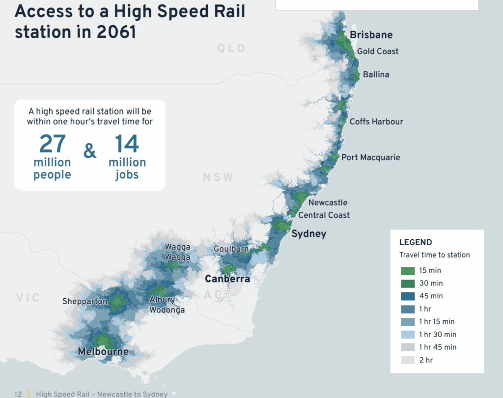 Coverage of the planned high-speed rail network in Australia by 2061