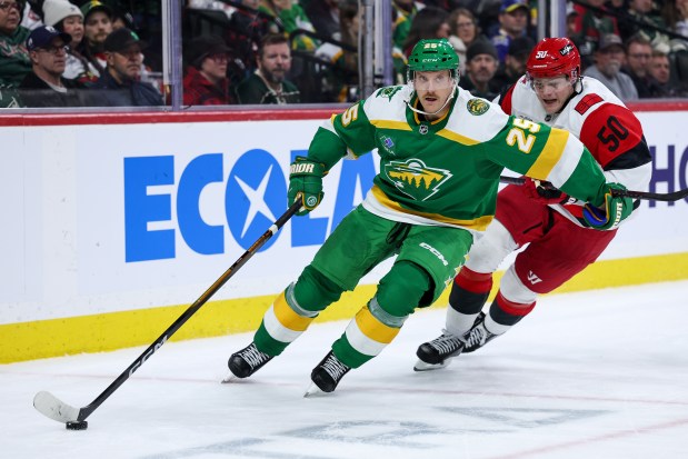 Wild defenseman Jonas Brodin skates in a game against the Carolina Hurricanes