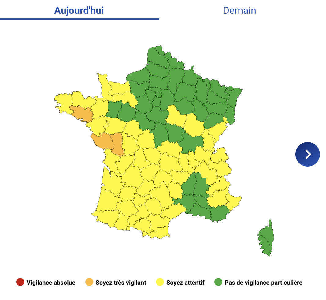 Photo of French map with three departments on amber alert