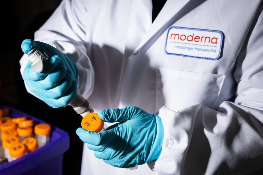 A researcher in the lab at the Moderna headquarters in Cambridge.