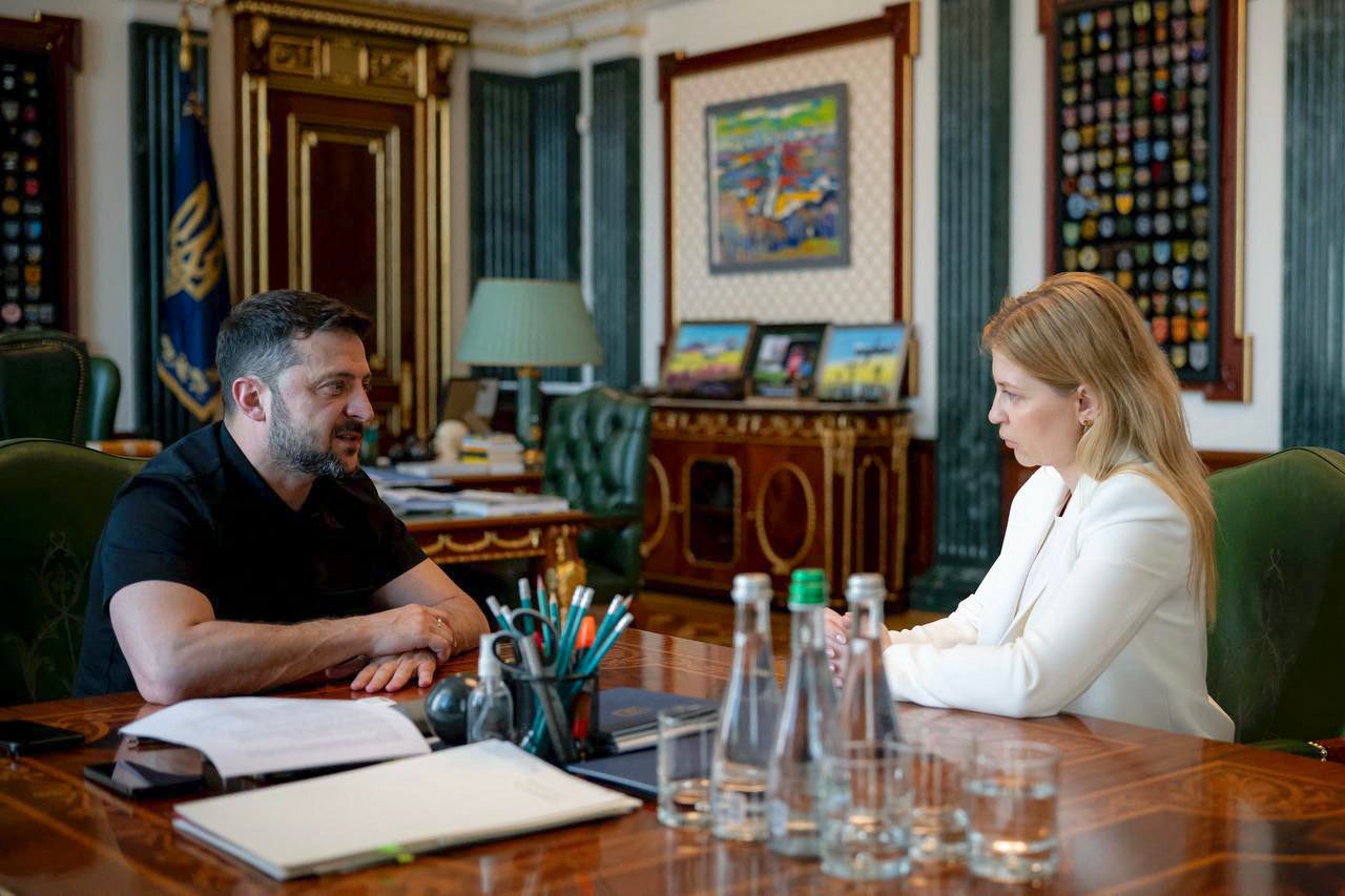 Volodymyr Zelensky attends a meeting with Ukraine's deputy prime minister for European and Euro-Atlantic integration Olha Stefanishyna in Kyiv