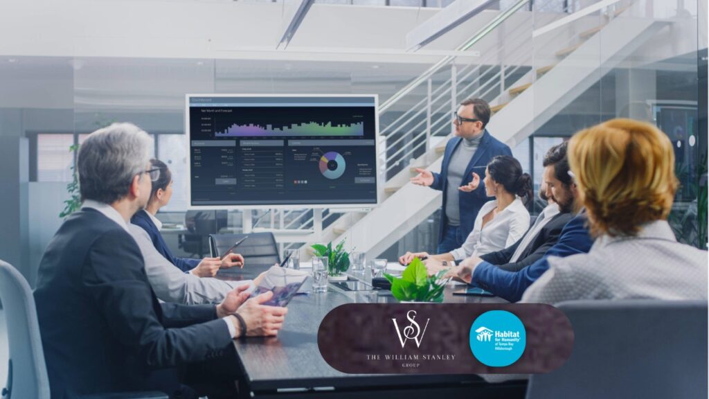 A business team meets in a modern conference room as a presenter points to a screen showing financial charts and market data.