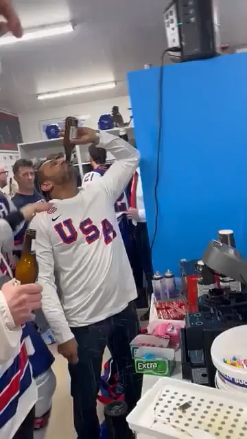 The US hockey team celebrates gold with Kush Patel and US fight songs