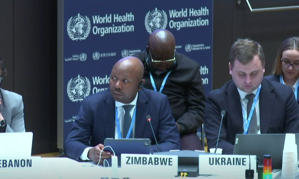 The representative for Zimbabwe sits at a WHO conference table behind his country's nameplate, speaking into a microphone to demand co-investment from wealthy nations.