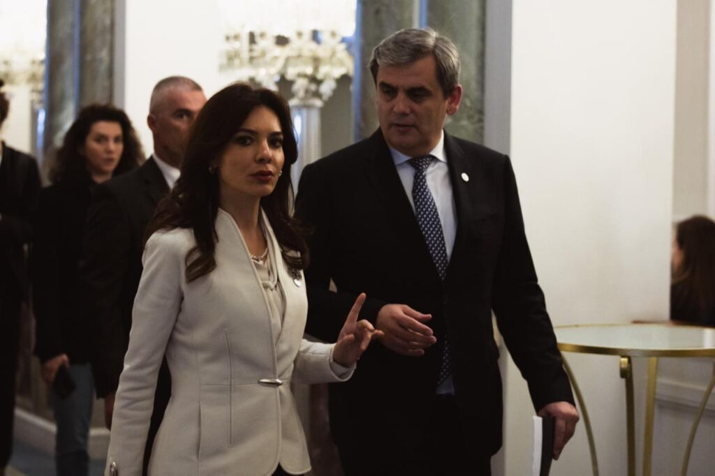 Vice President of the Parliament of Montenegro, Ervin Ibrahimovic (R) meets with Albanian Minister for Europe and Foreign Affairs, Elisa Spiropali (L) during the Balkans Peace Platform 2nd meeting in Istanbul, Türkiye on January 23, 2026. (AA Photo)