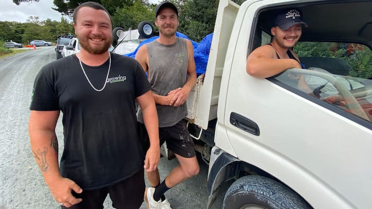 Auckland turf installers (from left) Brad Innes, Mike Kok and Tyson Robertson. (Source: LDR / Susan Botting)