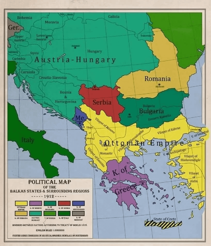 Map of the Balkans in 1912, before the Balkan wars.