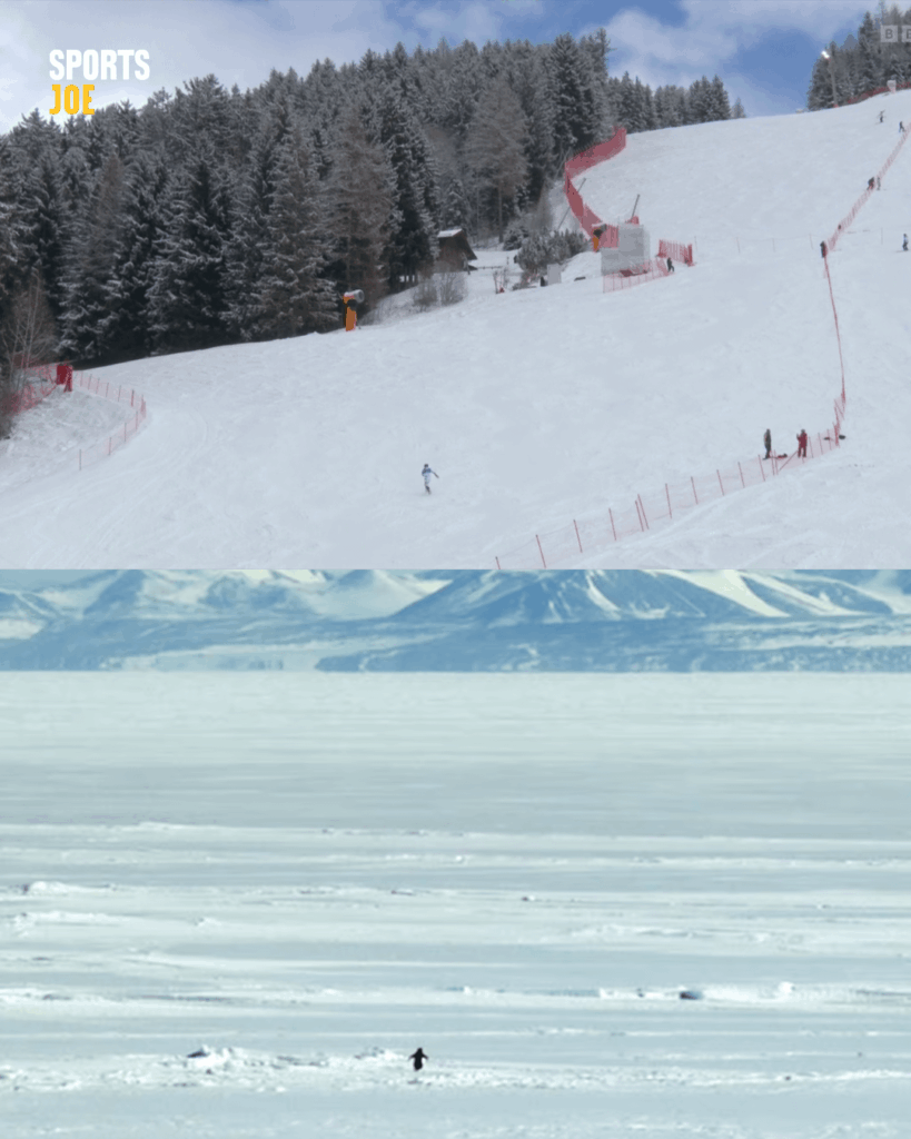 Atle Lie McGrath doing his best nihilistic penguin impression after straddling a gate on his run for a medal in the Winter Olympics slalom 😅