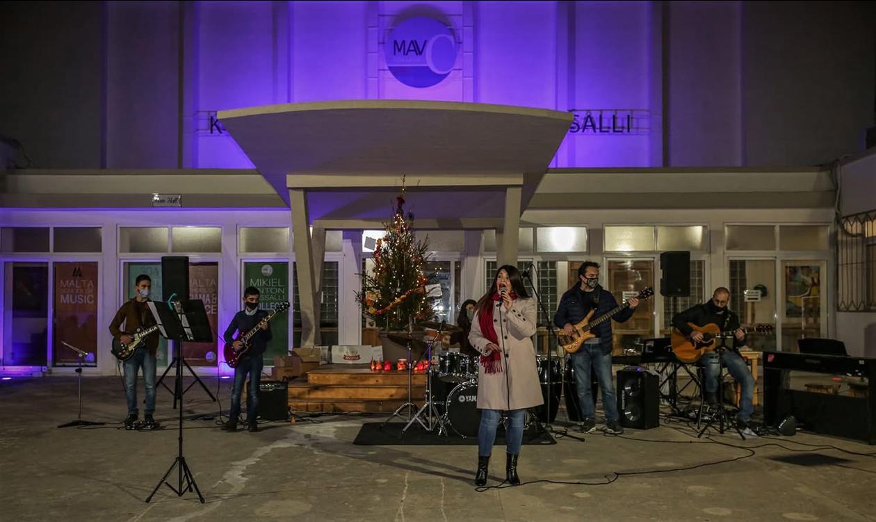 Students performing in front of the school’s new premises at Mikiel Anton Vassalli College, Ħamrun, during the COVID pandemic.