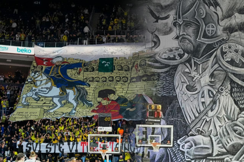 Fenerbahce Beko supporters unveil a banner referencing the 1389 Battle of Kosovo during the EuroLeague clash against Partizan in Istanbul on Feb. 25, 2026 (left), alongside a detail from the banner displayed in the Week 12 game and an artistic depiction of Milos Obilic (right). (Photo collage by Türkiye Today team)